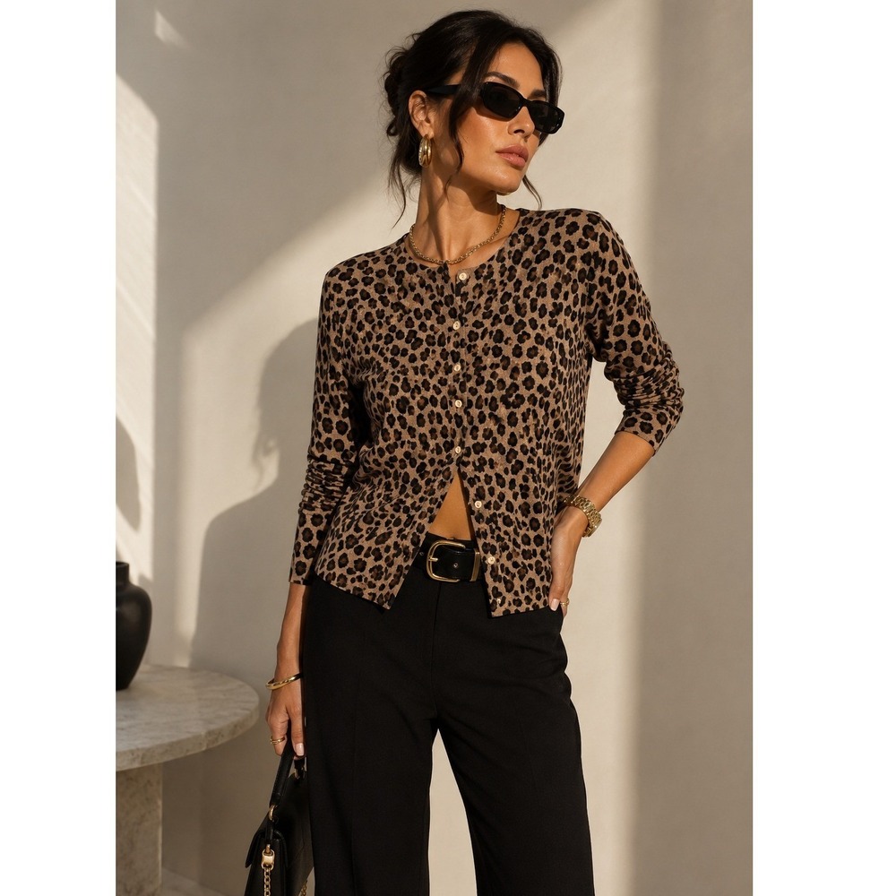 August Silk 100% Silk Leopard Print Cardigan Sweater Mob Wife Quiet Luxury M